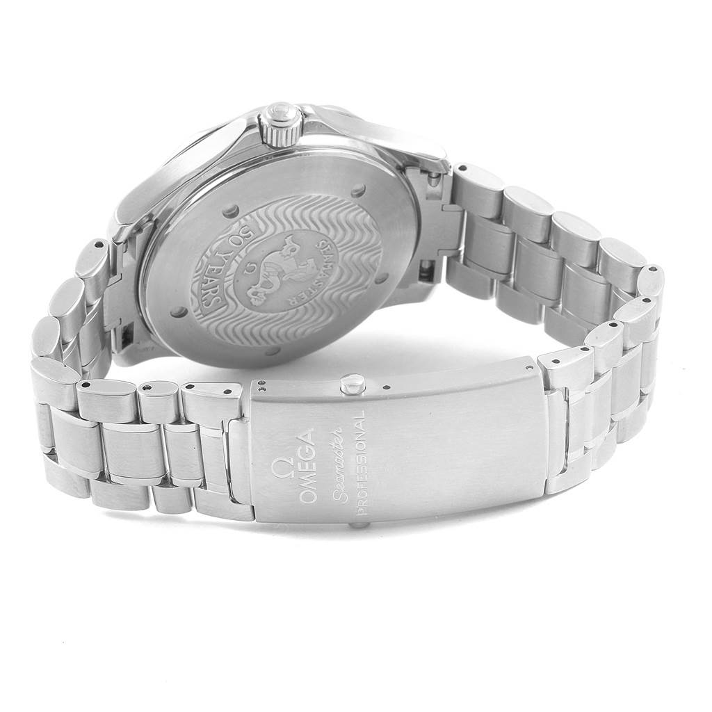 The image shows the back case, crown, and metal bracelet of an Omega Seamaster 2234.50.00 Men
s Stainless Steel Black Dial 2234.50.00 Men
s Stainless Steel Black Dial watch from a rear angle.