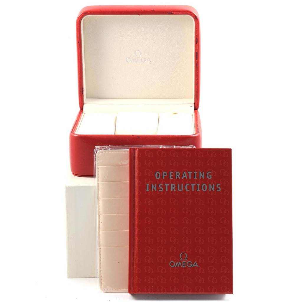 The image shows an Omega Seamaster 2234.50.00 Men
s Stainless Steel Black Dial 2234.50.00 Men
s Stainless Steel Black Dial watch box, operating instructions booklet, and additional documentation.