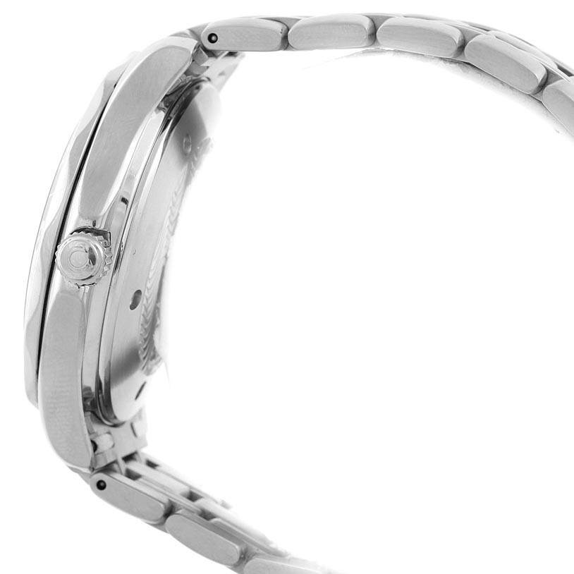 This image shows a side view of an Omega Seamaster 2234.50.00 Men
s Stainless Steel Black Dial 2234.50.00 Men
s Stainless Steel Black Dial watch featuring the crown and part of the metal bracelet.