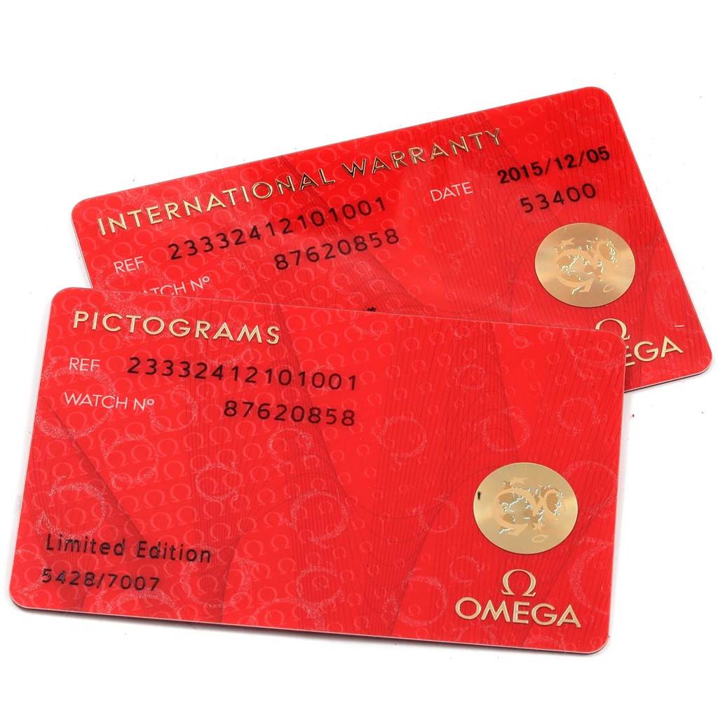 These are two Omega Seamaster 233.32.41.21.01.001 Men
s Stainless Steel Black Dial 233.32.41.21.01.001 Men
s Stainless Steel Black Dial model cards: International Warranty and Pictograms, displayed at a slight angle.