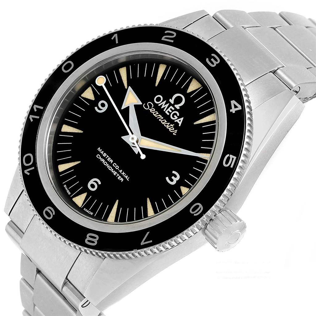 The Omega Seamaster 233.32.41.21.01.001 Men
s Stainless Steel Black Dial 233.32.41.21.01.001 Men
s Stainless Steel Black Dial watch is shown from an angled top-down view, highlighting the bezel, dial, crown, and part of the bracelet.