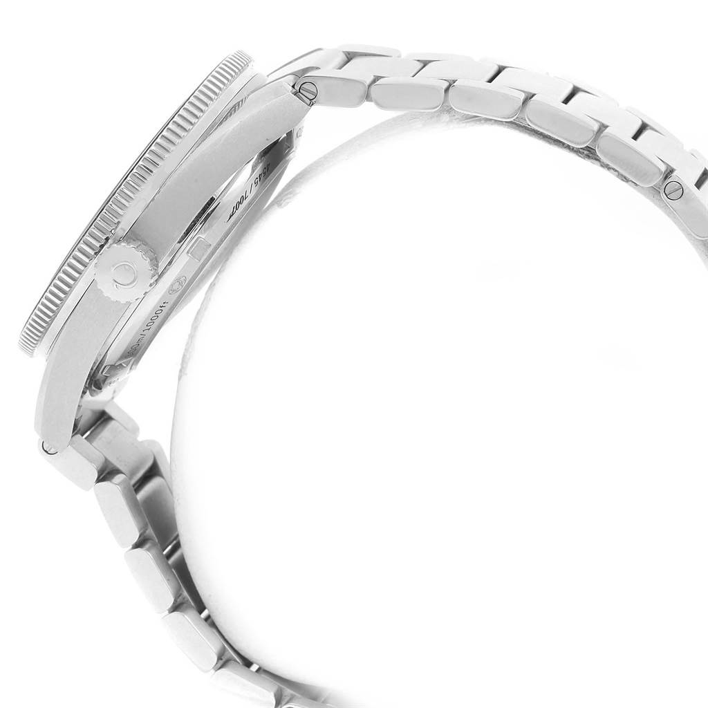 The image shows a side view of the Omega Seamaster 233.32.41.21.01.001 Men
s Stainless Steel Black Dial 233.32.41.21.01.001 Men
s Stainless Steel Black Dial watch focusing on the case, crown, and part of the metal bracelet.