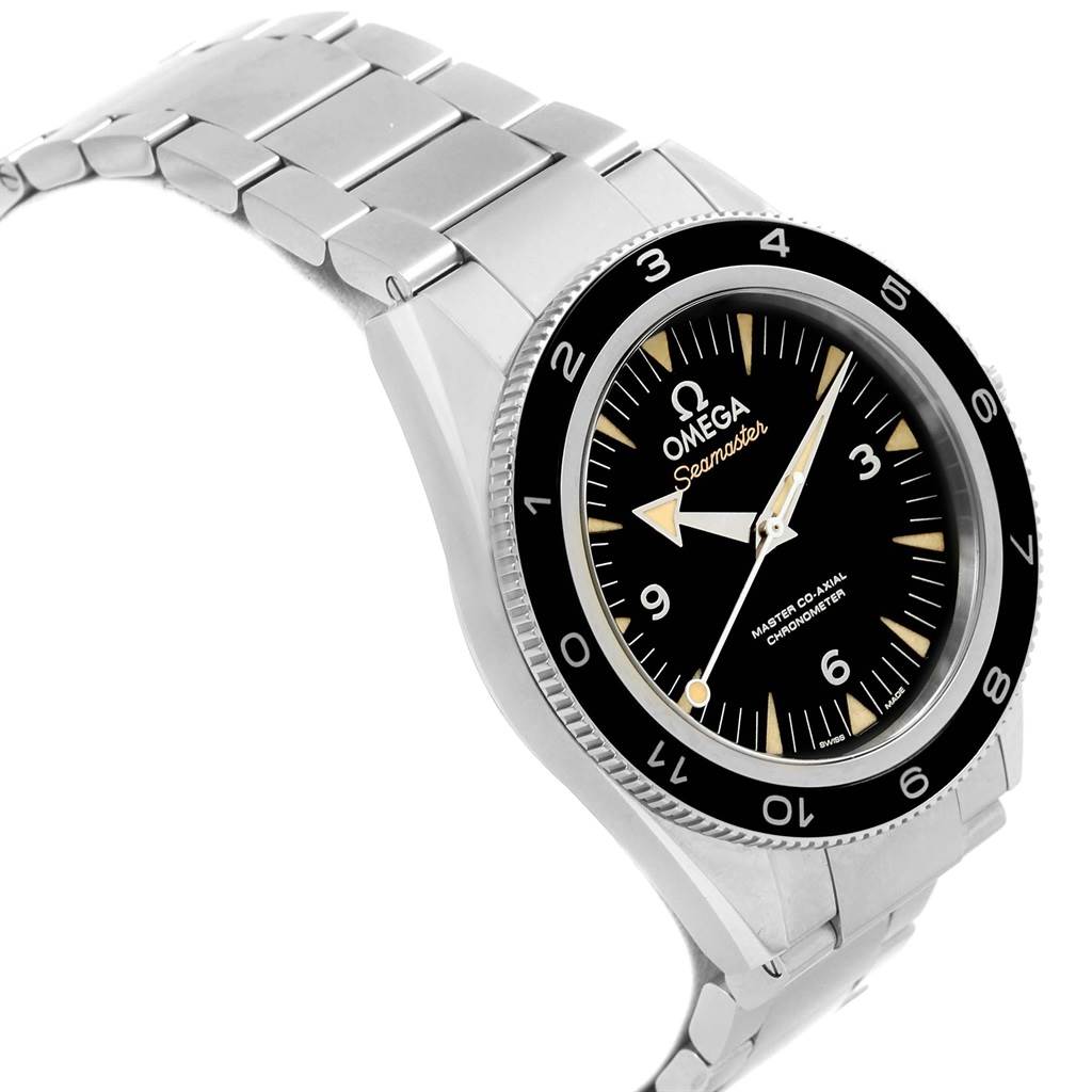 The image shows an Omega Seamaster 233.32.41.21.01.001 Men
s Stainless Steel Black Dial 233.32.41.21.01.001 Men
s Stainless Steel Black Dial watch at a three-quarter angle, highlighting its face, bezel, and metal bracelet.