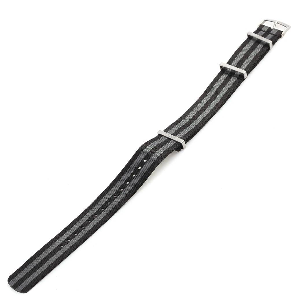 This image shows a striped, nylon watch strap for the Omega Seamaster 233.32.41.21.01.001 Men
s Stainless Steel Black Dial 233.32.41.21.01.001 Men
s Stainless Steel Black Dial model, viewed from above.