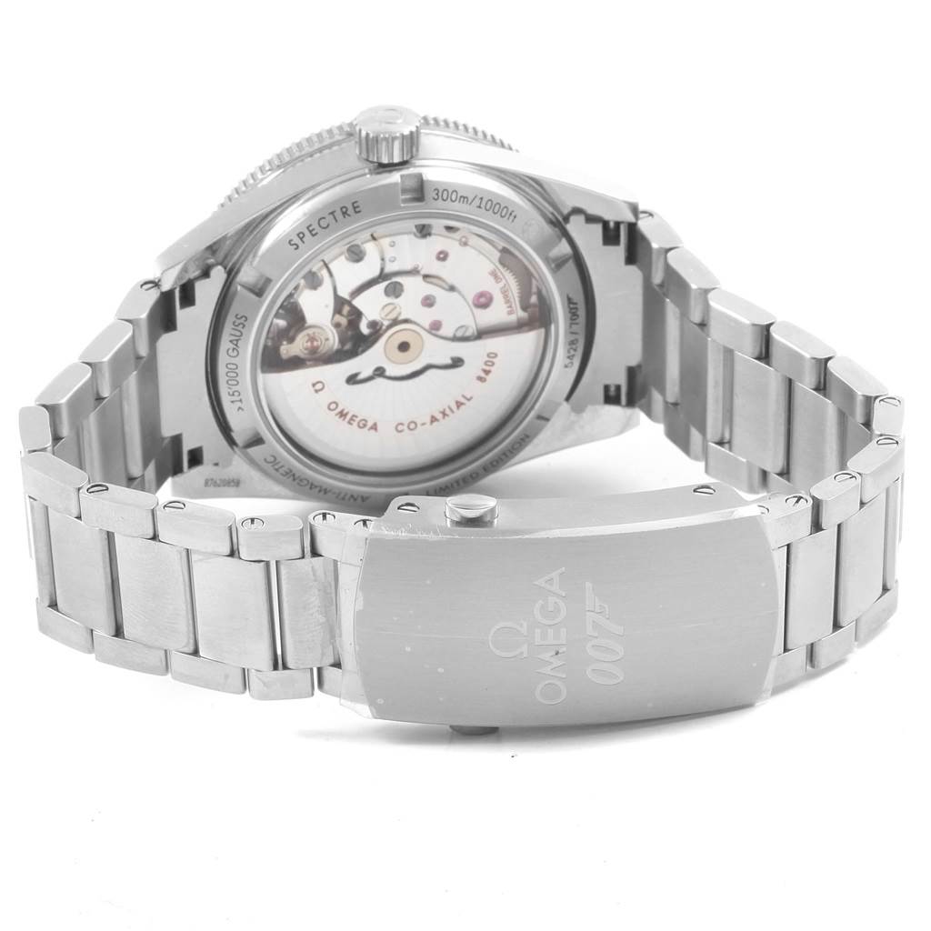 The image shows the back view of an Omega Seamaster 233.32.41.21.01.001 Men
s Stainless Steel Black Dial 233.32.41.21.01.001 Men
s Stainless Steel Black Dial watch, highlighting its stainless steel bracelet and visible movement.