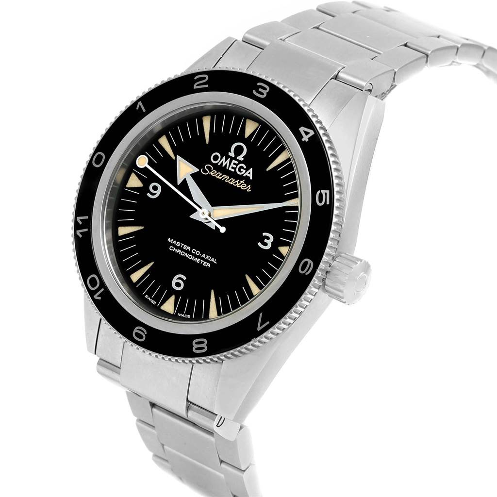 The Omega Seamaster 233.32.41.21.01.001 Men
s Stainless Steel Black Dial 233.32.41.21.01.001 Men
s Stainless Steel Black Dial watch is shown at an angled top-down view, displaying the dial, bezel, crown, and stainless steel bracelet.