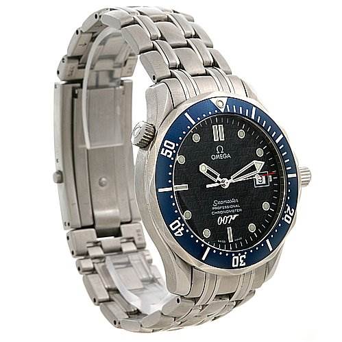 The image shows an Omega Seamaster OMEGA SEAMASTER JAMES BOND LIMITED EDITION GUN LOGO Men's Stainless Steel Blue Dial Omega Seamaster OMEGA SEAMASTER JAMES BOND LIMITED EDITION GUN LOGO Men's Stainless Steel Blue Dial JAMES BOND LIMITED EDITION GUN LOGO Men's Stainless Steel Blue Dial watch at an angled view, highlighting its face, bezel, and metal bracelet.