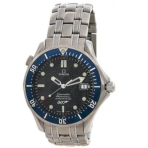 This is an Omega Seamaster OMEGA SEAMASTER JAMES BOND LIMITED EDITION GUN LOGO Men's Stainless Steel Blue Dial Omega Seamaster OMEGA SEAMASTER JAMES BOND LIMITED EDITION GUN LOGO Men's Stainless Steel Blue Dial JAMES BOND LIMITED EDITION GUN LOGO Men's Stainless Steel Blue Dial watch, shown from the front, displaying its face, bezel, and metal bracelet.