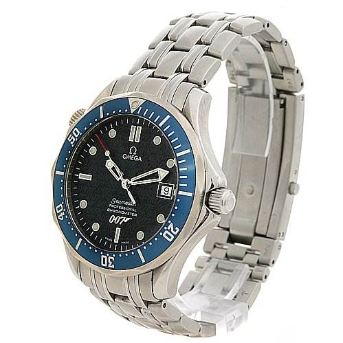 The image shows an angled view of an Omega Seamaster OMEGA SEAMASTER JAMES BOND LIMITED EDITION GUN LOGO Men's Stainless Steel Blue Dial Omega Seamaster OMEGA SEAMASTER JAMES BOND LIMITED EDITION GUN LOGO Men's Stainless Steel Blue Dial JAMES BOND LIMITED EDITION GUN LOGO Men's Stainless Steel Blue Dial watch, highlighting its face, bezel, crown, and stainless steel bracelet.