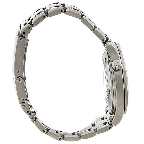 The image shows a side view of the Omega Seamaster OMEGA SEAMASTER JAMES BOND LIMITED EDITION GUN LOGO Men's Stainless Steel Blue Dial Omega Seamaster OMEGA SEAMASTER JAMES BOND LIMITED EDITION GUN LOGO Men's Stainless Steel Blue Dial JAMES BOND LIMITED EDITION GUN LOGO Men's Stainless Steel Blue Dial watch, highlighting its stainless steel case, crown, and bracelet.