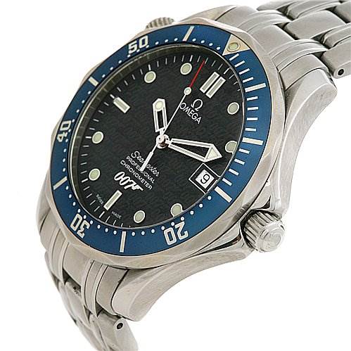 The image shows a slight side angle of the Omega Seamaster OMEGA SEAMASTER JAMES BOND LIMITED EDITION GUN LOGO Men's Stainless Steel Blue Dial Omega Seamaster OMEGA SEAMASTER JAMES BOND LIMITED EDITION GUN LOGO Men's Stainless Steel Blue Dial JAMES BOND LIMITED EDITION GUN LOGO Men's Stainless Steel Blue Dial watch, highlighting its bezel, dial, bracelet, and crown.