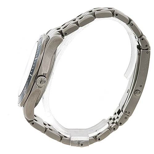 This image shows a side view of the Omega Seamaster OMEGA SEAMASTER JAMES BOND LIMITED EDITION GUN LOGO Men's Stainless Steel Blue Dial Omega Seamaster OMEGA SEAMASTER JAMES BOND LIMITED EDITION GUN LOGO Men's Stainless Steel Blue Dial JAMES BOND LIMITED EDITION GUN LOGO Men's Stainless Steel Blue Dial watch, highlighting the case, crown, and bracelet.