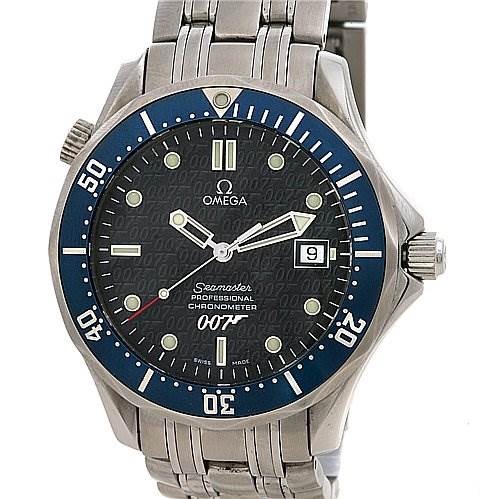 The image shows a front view of an Omega Seamaster OMEGA SEAMASTER JAMES BOND LIMITED EDITION GUN LOGO Men's Stainless Steel Blue Dial Omega Seamaster OMEGA SEAMASTER JAMES BOND LIMITED EDITION GUN LOGO Men's Stainless Steel Blue Dial JAMES BOND LIMITED EDITION GUN LOGO Men's Stainless Steel Blue Dial watch, displaying its dial, bezel, and a portion of its metal bracelet.