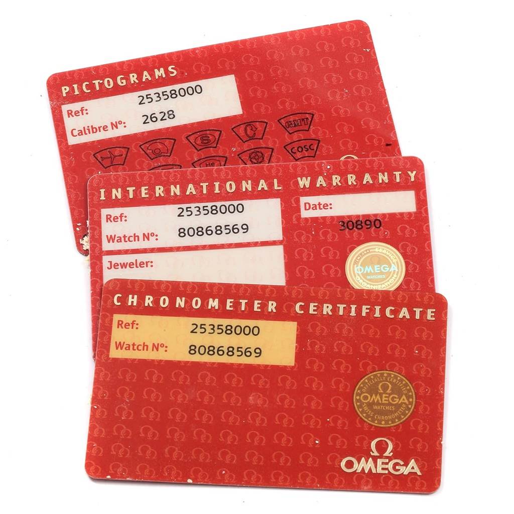 The image shows warranty and chronometer certificate cards for an Omega Seamaster 2535.80.00 Men
s Stainless Steel Blue Dial 2535.80.00 Men
s Stainless Steel Blue Dial model watch.