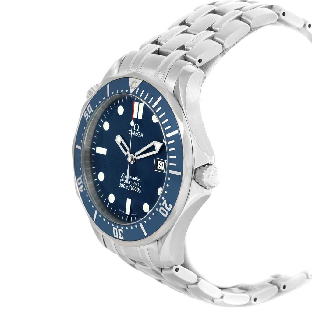 The Omega Seamaster 2541.80.00 Men
s Stainless Steel Blue Dial 2541.80.00 Men
s Stainless Steel Blue Dial watch is shown at a slight angle, displaying its face, bezel, crown, and part of the bracelet.