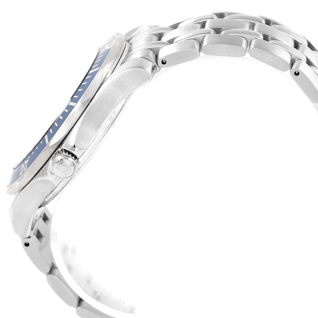 The image shows a side view of an Omega Seamaster 2541.80.00 Men
s Stainless Steel Blue Dial 2541.80.00 Men
s Stainless Steel Blue Dial watch, highlighting the case, bezel, crown, and metal bracelet.