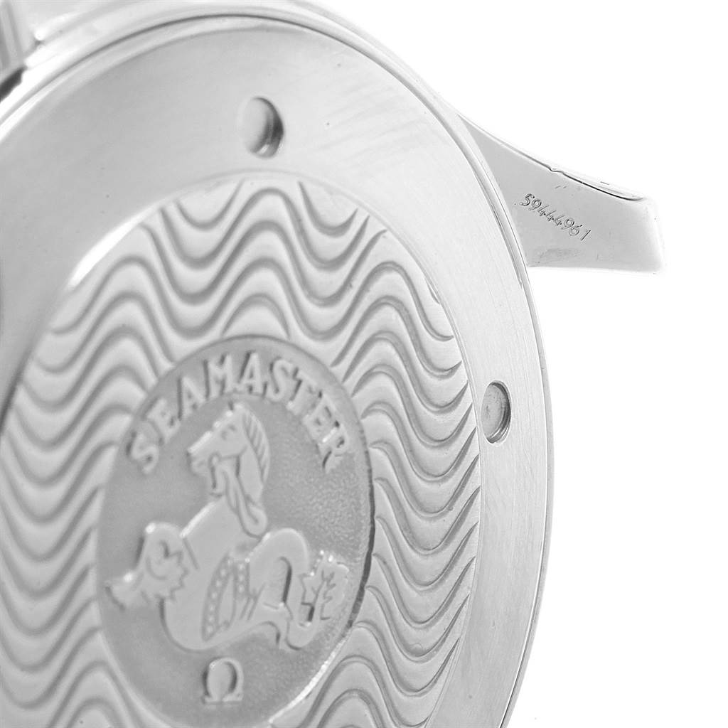 This image shows the case back of an Omega Seamaster 2541.80.00 Men
s Stainless Steel Blue Dial 2541.80.00 Men
s Stainless Steel Blue Dial watch, viewed at an angle with a portion of the strap lug visible.