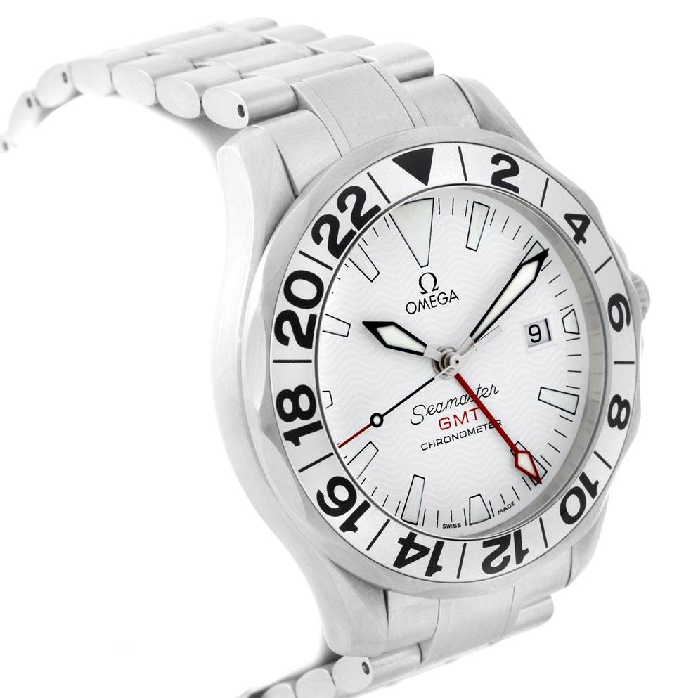 The image shows an Omega Seamaster 2538.20.00 Men
s Stainless Steel White Dial 2538.20.00 Men
s Stainless Steel White Dial GMT Chronometer watch at a slight side angle, highlighting the face, bezel, and part of the bracelet.