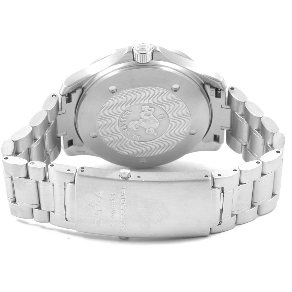 The image shows the back case and bracelet of an Omega Seamaster 2538.20.00 Men
s Stainless Steel White Dial 2538.20.00 Men
s Stainless Steel White Dial watch, featuring the clasp and case back engraving.