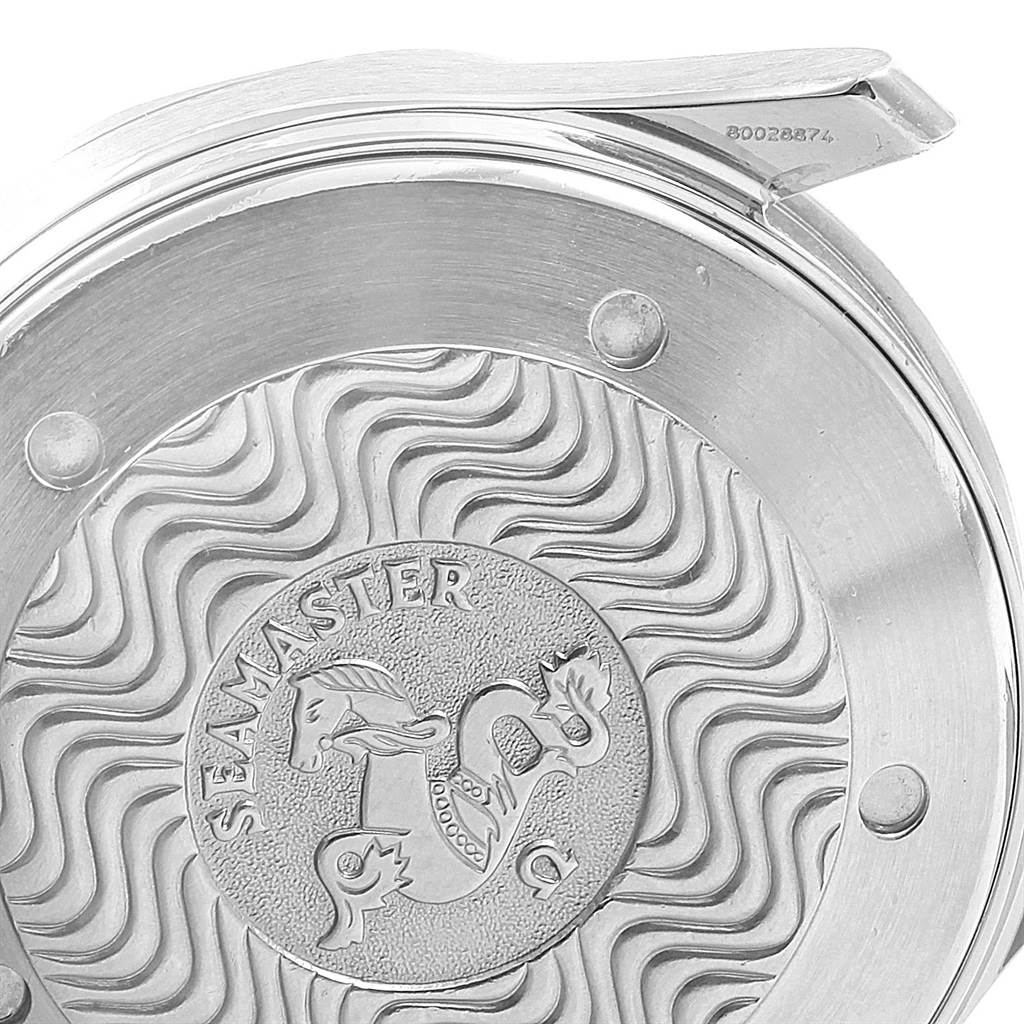 This image shows a close-up of the back case of an Omega Seamaster 2254.50.00 Men
s Stainless Steel Black Dial 2254.50.00 Men
s Stainless Steel Black Dial watch, featuring its embossed logo and model inscription.