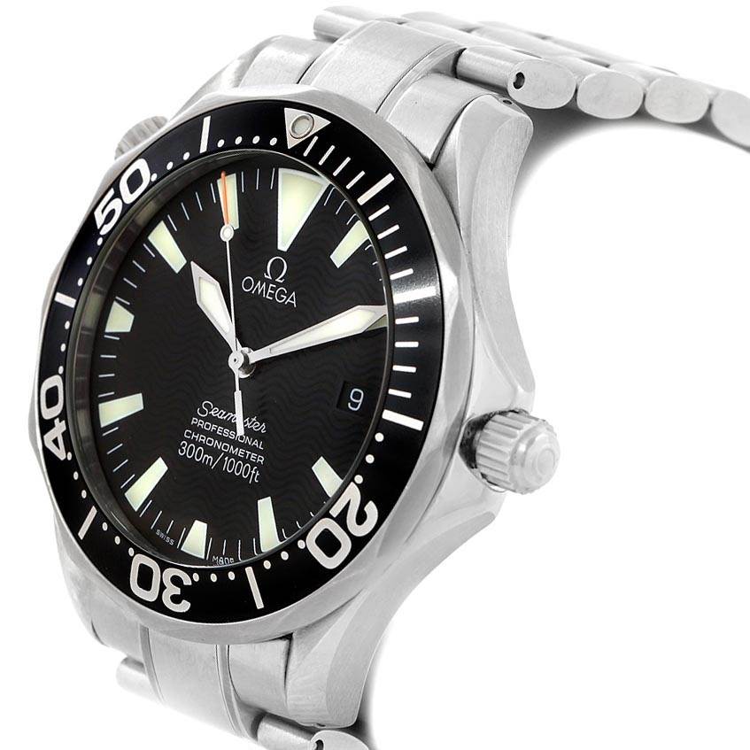 This image shows a side angle of the Omega Seamaster 2254.50.00 Men
s Stainless Steel Black Dial 2254.50.00 Men
s Stainless Steel Black Dial watch, highlighting its bezel, dial, crown, and part of the bracelet.