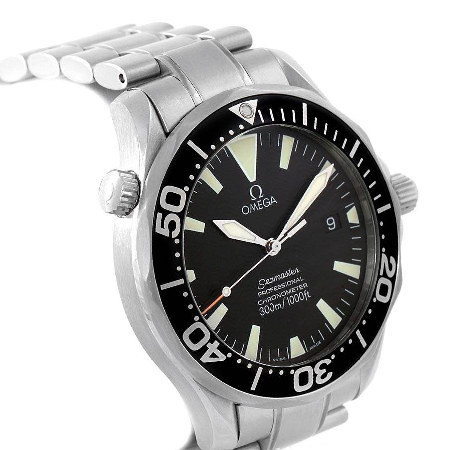 The image shows an angled side view of an Omega Seamaster 2254.50.00 Men
s Stainless Steel Black Dial 2254.50.00 Men
s Stainless Steel Black Dial watch, highlighting the face, bezel, crown, and part of the bracelet.