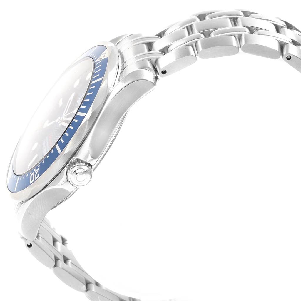 The image shows a side view of the Omega Seamaster 2221.80.00 Men
s Stainless Steel Blue Dial 2221.80.00 Men
s Stainless Steel Blue Dial watch, highlighting its crown, bezel, and bracelet.