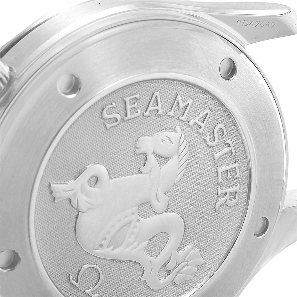 This image shows the case back of an Omega Seamaster 2221.80.00 Men
s Stainless Steel Blue Dial 2221.80.00 Men
s Stainless Steel Blue Dial watch, featuring the Seamaster logo and emblem.