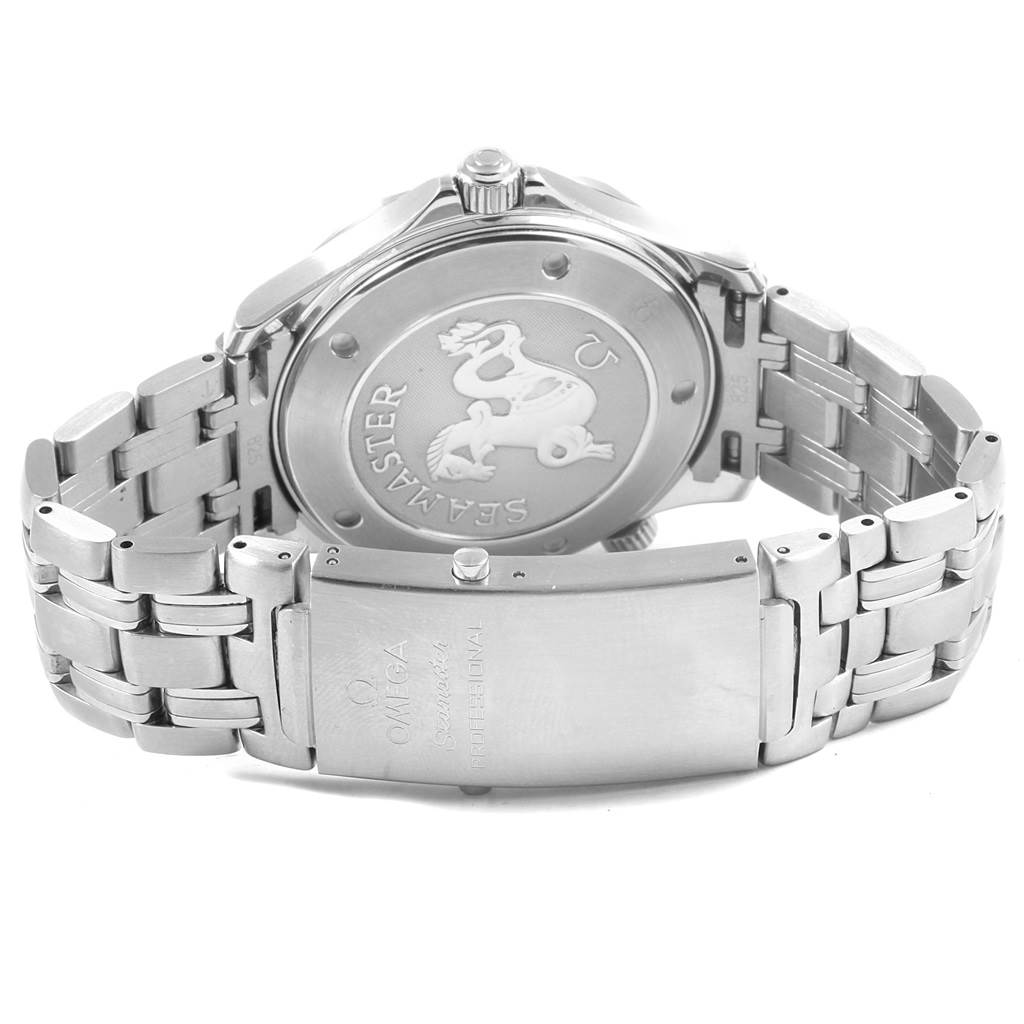 The image shows the back case and metal bracelet of an Omega Seamaster 2221.80.00 Men
s Stainless Steel Blue Dial 2221.80.00 Men
s Stainless Steel Blue Dial watch.