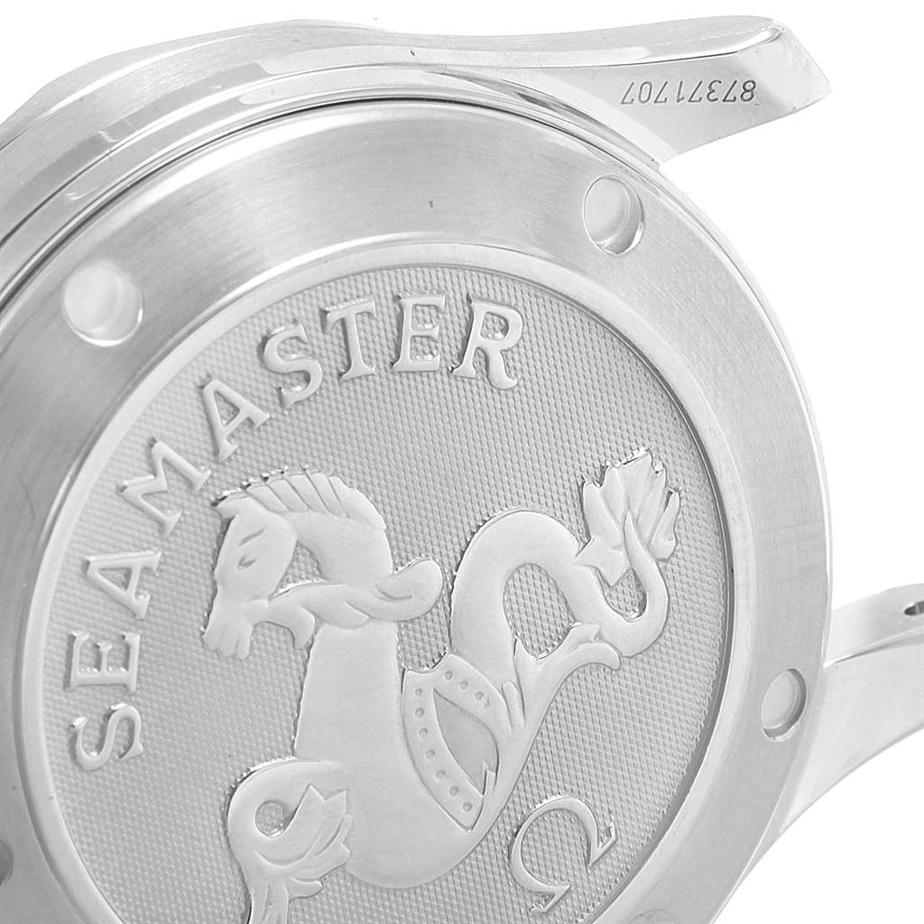 This image shows the engraved case back of the Omega Seamaster 2222.80.00 Men
s Stainless Steel Blue Dial 2222.80.00 Men
s Stainless Steel Blue Dial watch, featuring the logo and model name.