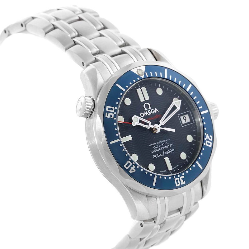 The Omega Seamaster watch is shown at a front-side angle, displaying the dial, bezel, crown, and a portion of the bracelet.