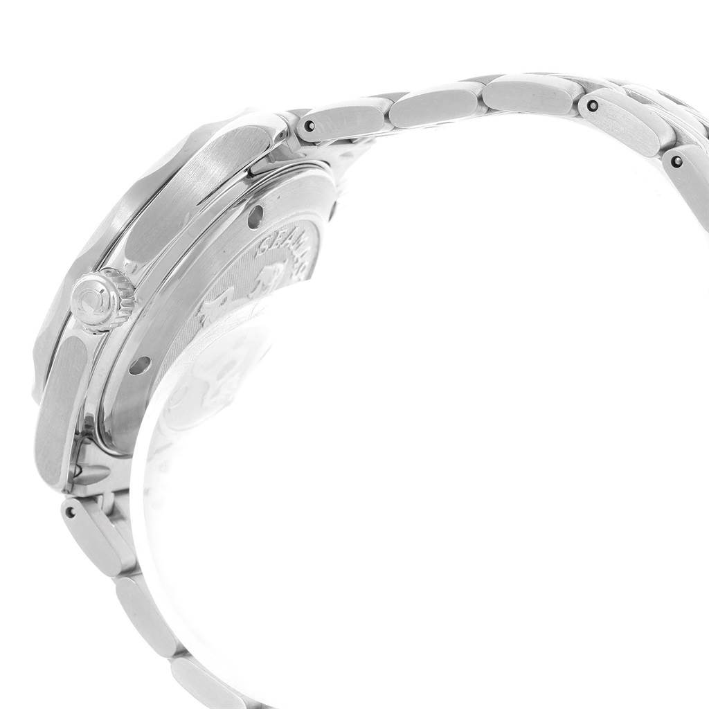 This image shows a side view of an Omega Seamaster 2222.80.00 Men
s Stainless Steel Blue Dial 2222.80.00 Men
s Stainless Steel Blue Dial watch, highlighting the crown, case, and part of the bracelet.