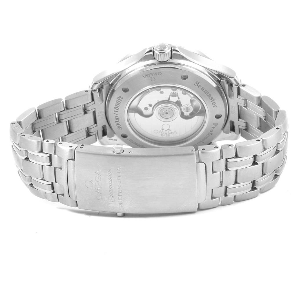 This image shows the back side of an Omega Seamaster 2535.80.00 Men
s Stainless Steel Blue Dial 2535.80.00 Men
s Stainless Steel Blue Dial watch, including the bracelet and clasp.