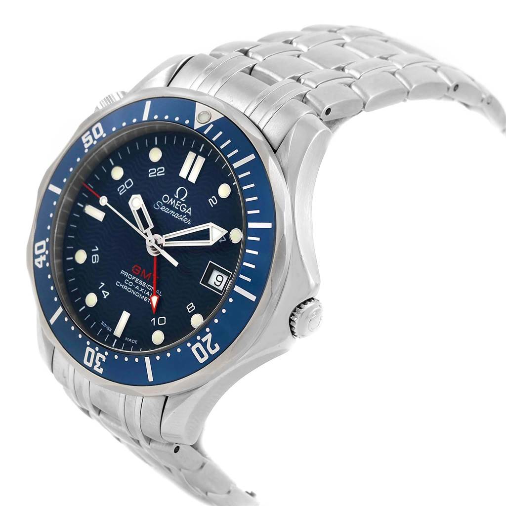 The Omega Seamaster 2535.80.00 Men
s Stainless Steel Blue Dial 2535.80.00 Men
s Stainless Steel Blue Dial watch is shown at a three-quarter angle, displaying the face, bezel, crown, and part of the bracelet.