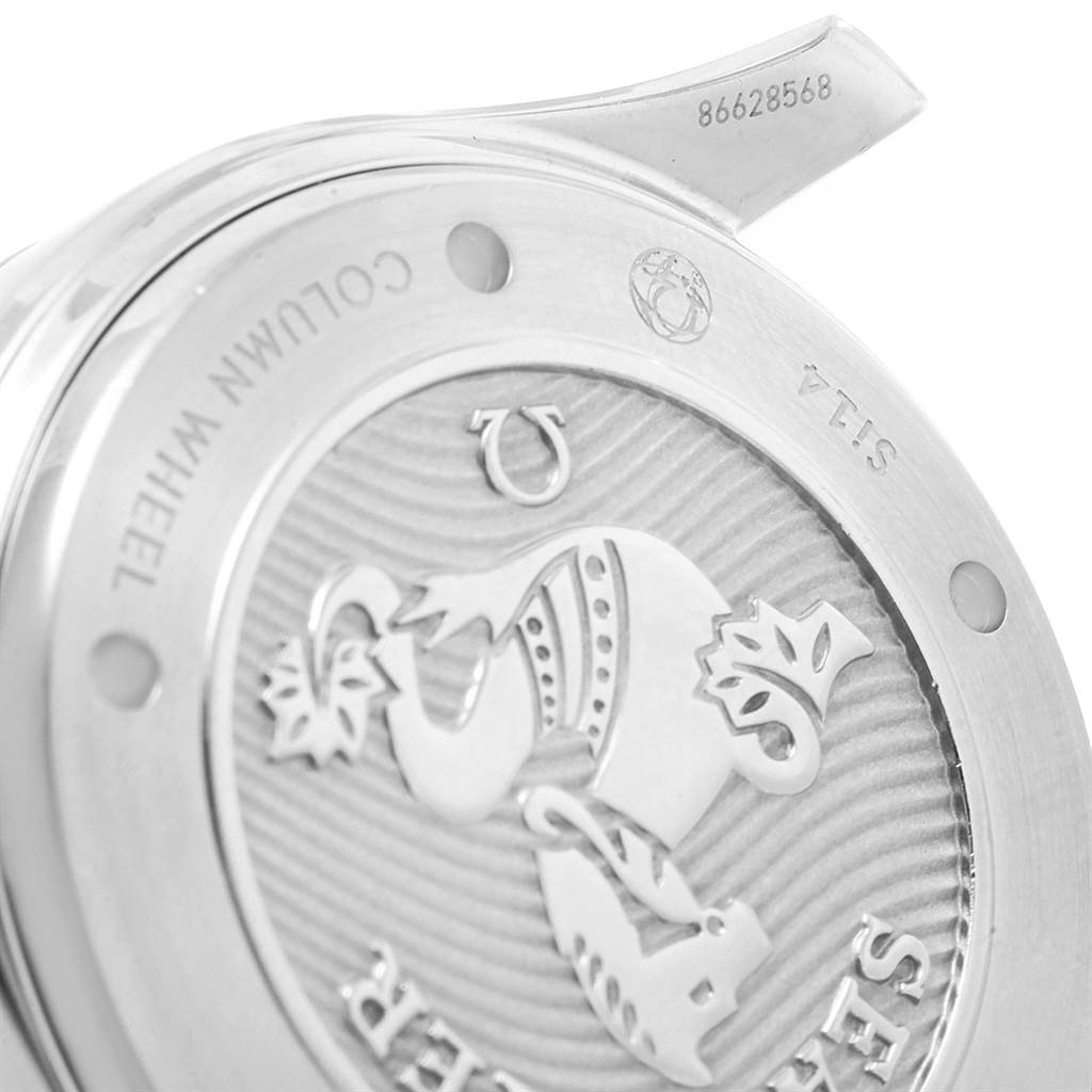 The image shows the back case of the Omega Seamaster 212.30.44.50.03.001 Men
s Stainless Steel Blue Dial 212.30.44.50.03.001 Men
s Stainless Steel Blue Dial watch, highlighting the embossed design, serial number, and other engravings.