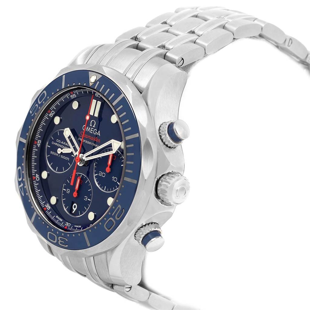 The Omega Seamaster 212.30.44.50.03.001 Men
s Stainless Steel Blue Dial 212.30.44.50.03.001 Men
s Stainless Steel Blue Dial watch is shown at a slightly angled side view, highlighting the face, bezel, crown, and bracelet.