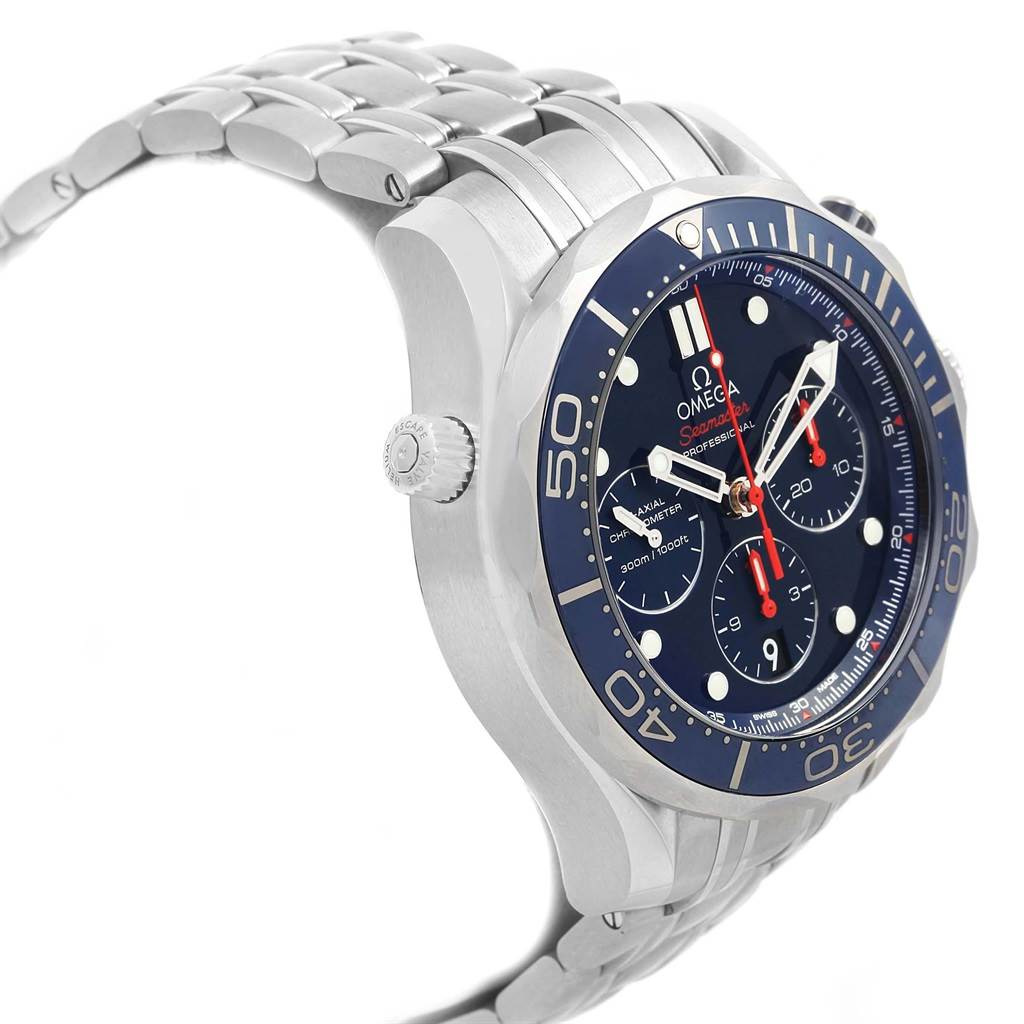 The image shows a side-angle view of an Omega Seamaster 212.30.44.50.03.001 Men
s Stainless Steel Blue Dial 212.30.44.50.03.001 Men
s Stainless Steel Blue Dial watch, highlighting the case, crown, bezel, and bracelet.