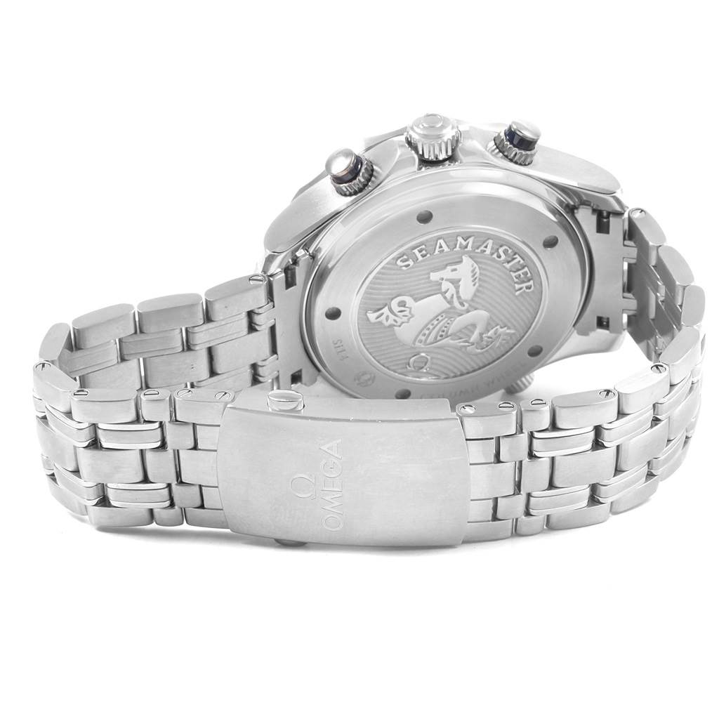 The image shows the back and clasp of an Omega Seamaster 212.30.44.50.03.001 Men
s Stainless Steel Blue Dial 212.30.44.50.03.001 Men
s Stainless Steel Blue Dial watch, highlighting the engraved case back and metal bracelet.