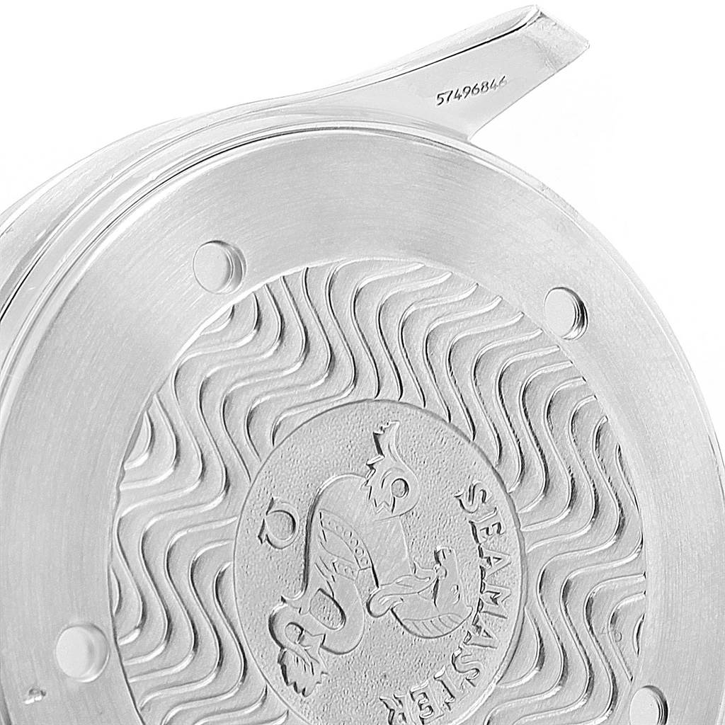 This image shows the back case of an Omega Seamaster 2541.80.00 Men
s Stainless Steel Blue Dial 2541.80.00 Men
s Stainless Steel Blue Dial watch featuring engraved details and a serial number.