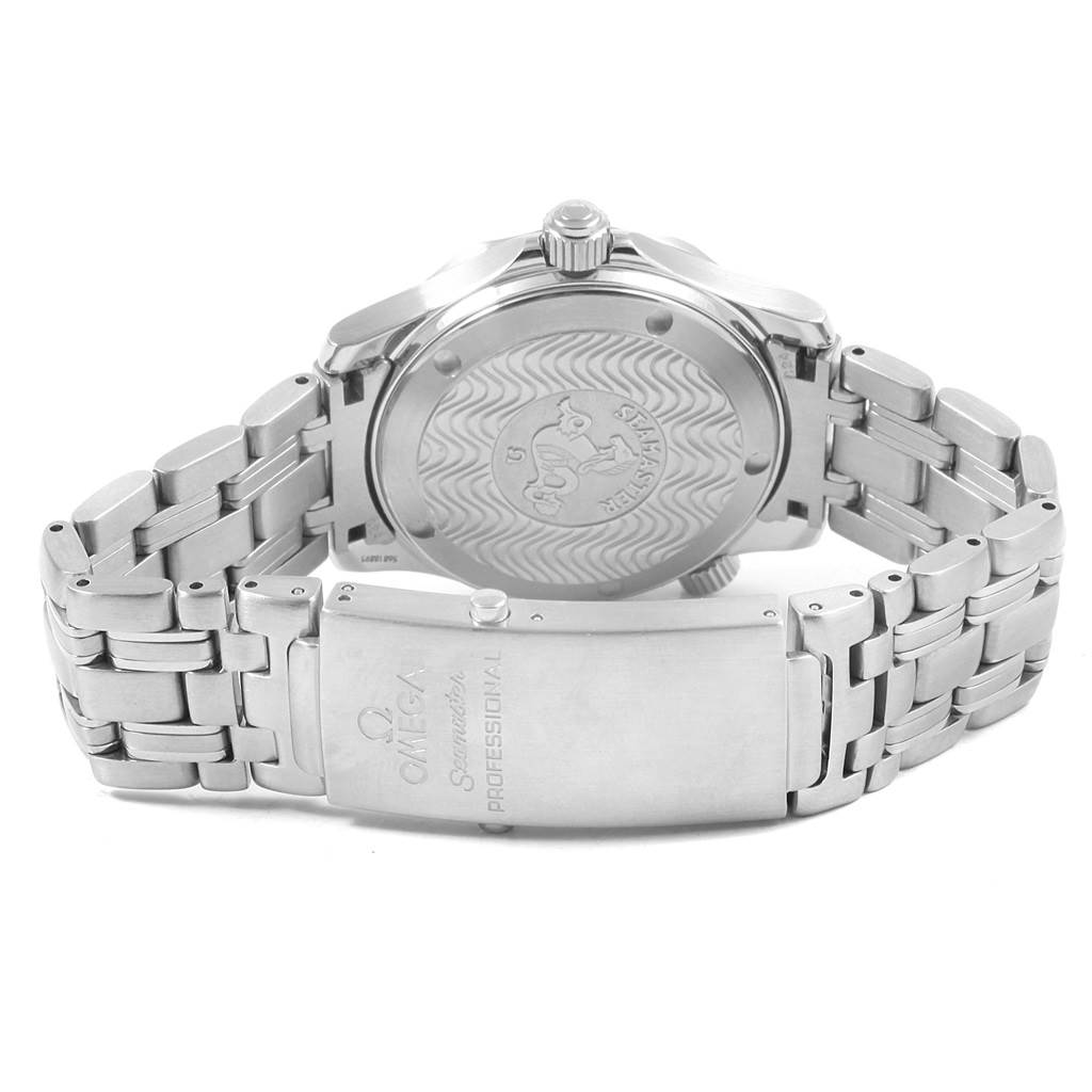 The image shows the back case and bracelet clasp of an Omega Seamaster 2561.80.00 Men
s Stainless Steel Blue Dial 2561.80.00 Men
s Stainless Steel Blue Dial watch from a rear angle.