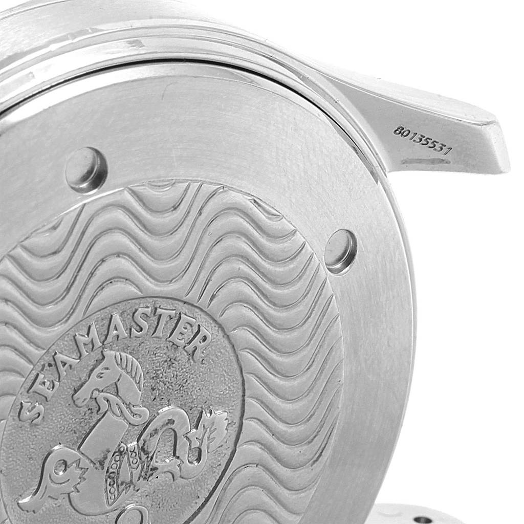 The image shows the case back of the Omega Seamaster 2531.80.00 Men
s Stainless Steel Blue Dial 2531.80.00 Men
s Stainless Steel Blue Dial watch featuring the Seamaster logo and wave pattern design.