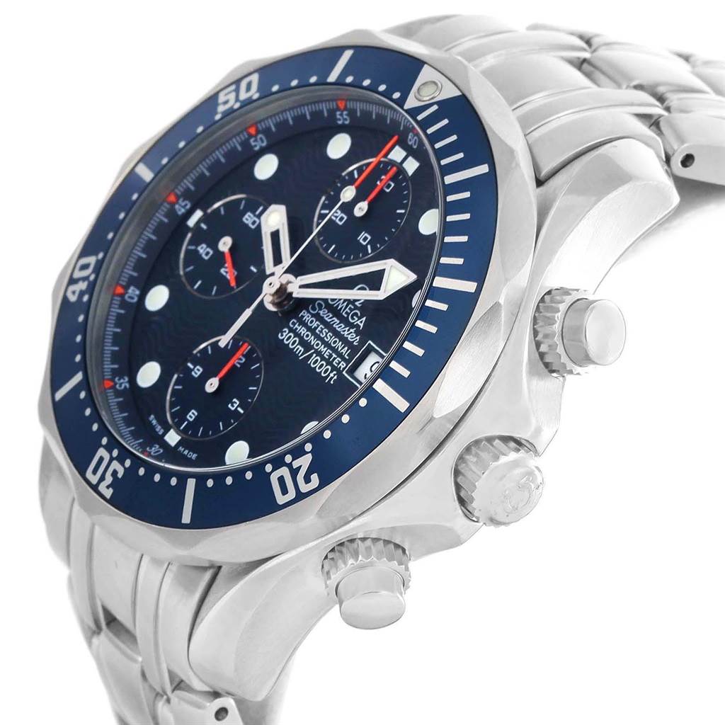 The image shows a side view of the Omega Seamaster 2599.80.00 Men
s Stainless Steel Blue Dial 2599.80.00 Men
s Stainless Steel Blue Dial watch, highlighting the crown, chronograph pushers, and part of the bracelet.