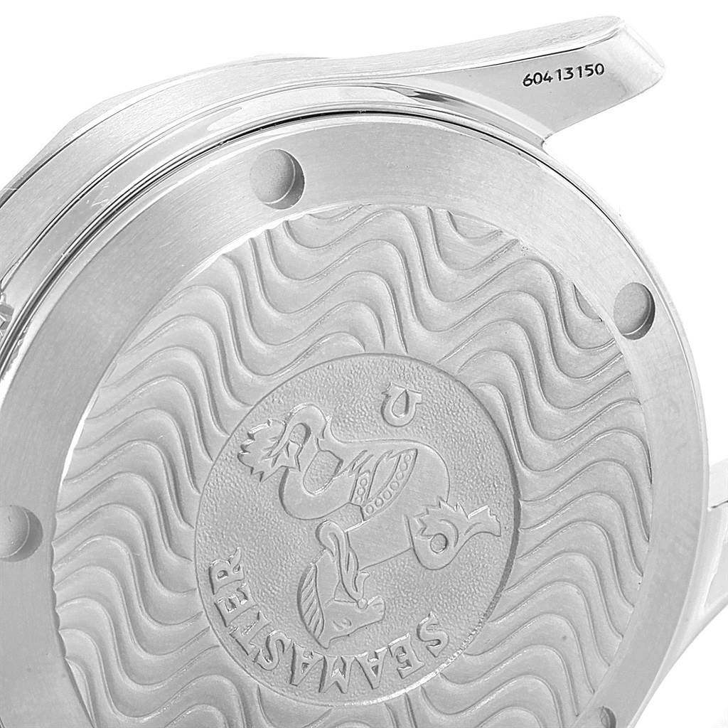 The image shows the engraved case back of an Omega Seamaster 2551.80.00 Men
s Stainless Steel Blue Dial 2551.80.00 Men
s Stainless Steel Blue Dial watch, viewed from the rear.