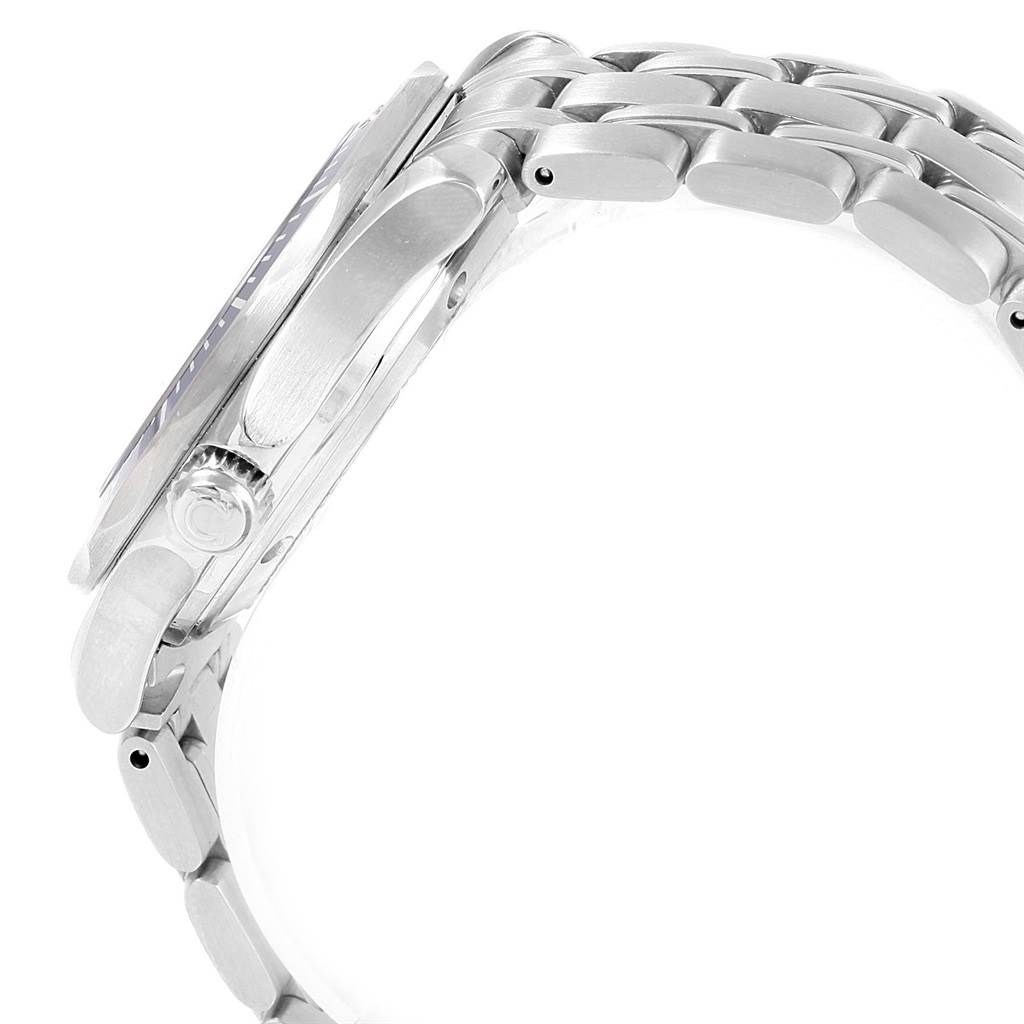 The image shows a side view of the Omega Seamaster 2551.80.00 Men
s Stainless Steel Blue Dial 2551.80.00 Men
s Stainless Steel Blue Dial watch, focusing on the case thickness, crown, and metal bracelet.