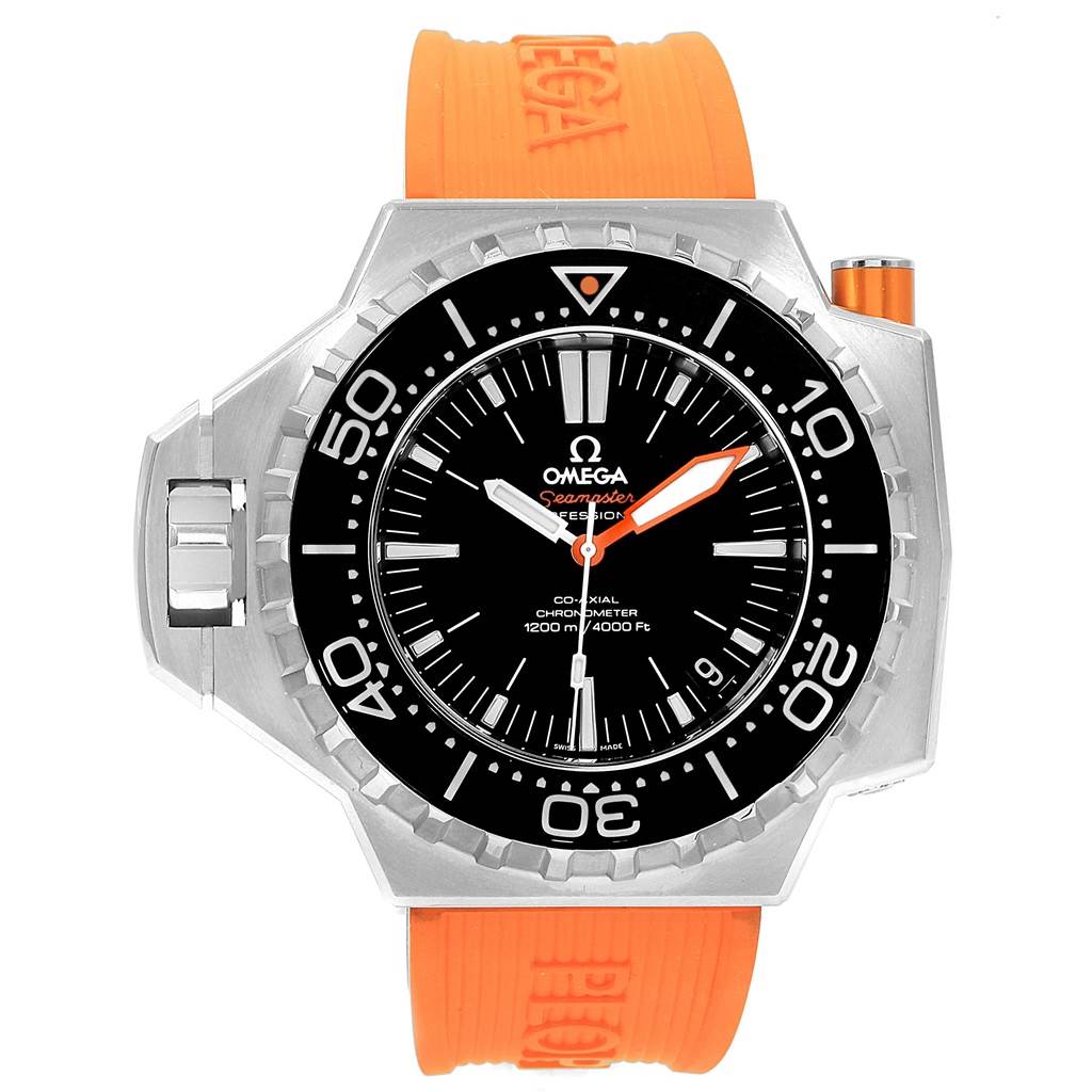 The image shows a frontal view of the Omega Ploprof 224.32.55.21.01.002 Men's Stainless Steel Black Dial 224.32.55.21.01.002 Men's Stainless Steel Black Dial watch with an orange strap, highlighting its bezel and dial.