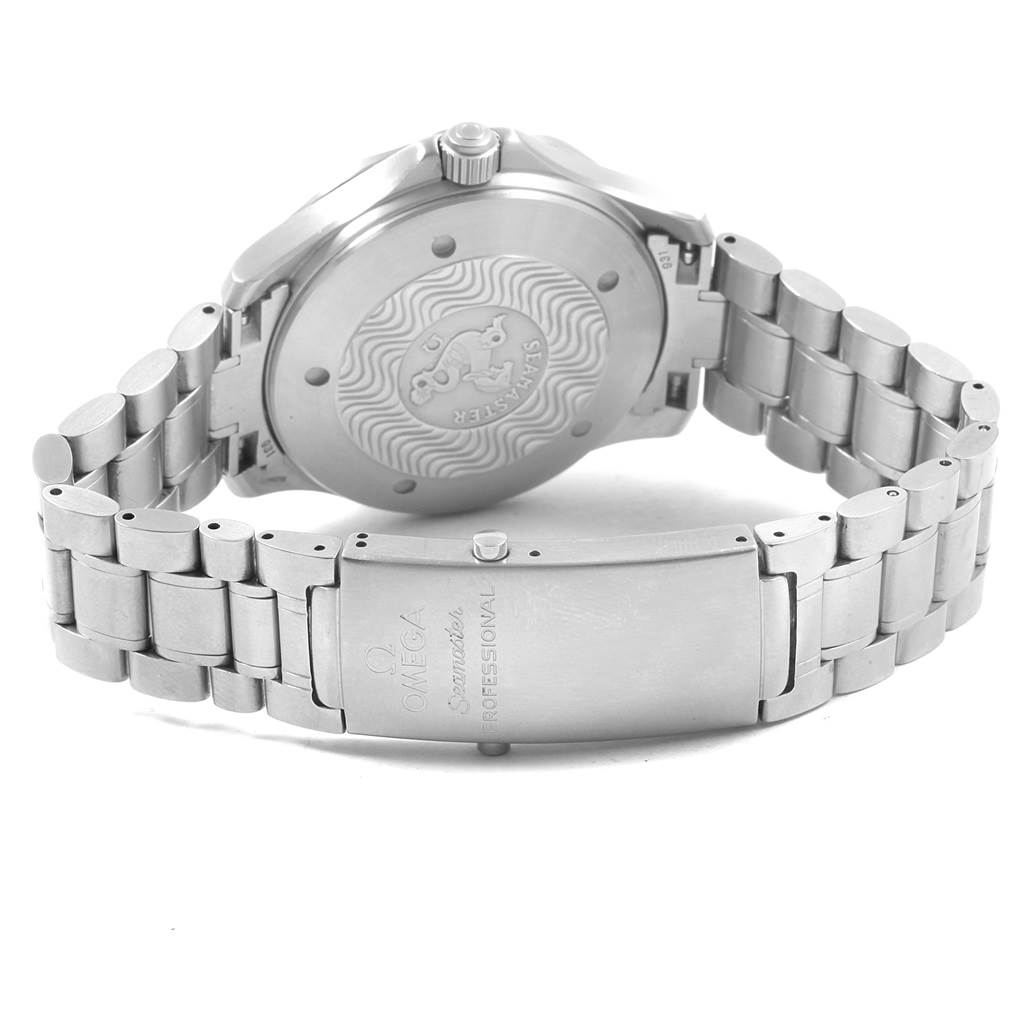 The image shows the back case and bracelet of an Omega Seamaster 2538.20.00 Men
s Stainless Steel White Dial 2538.20.00 Men
s Stainless Steel White Dial watch, featuring the clasp and engraved back.