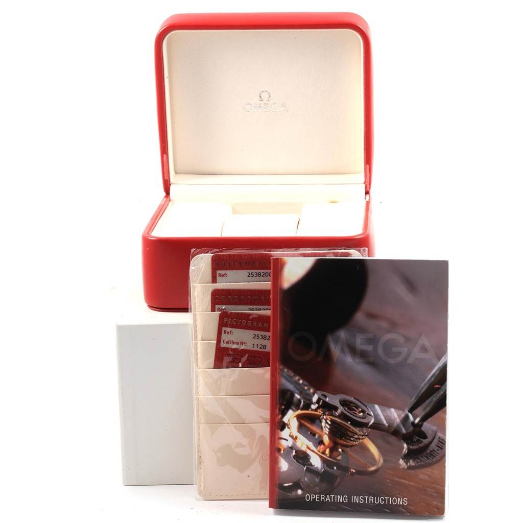 The image shows an Omega Seamaster 2538.20.00 Men
s Stainless Steel White Dial 2538.20.00 Men
s Stainless Steel White Dial watch box, warranty cards, and the operating instructions manual.