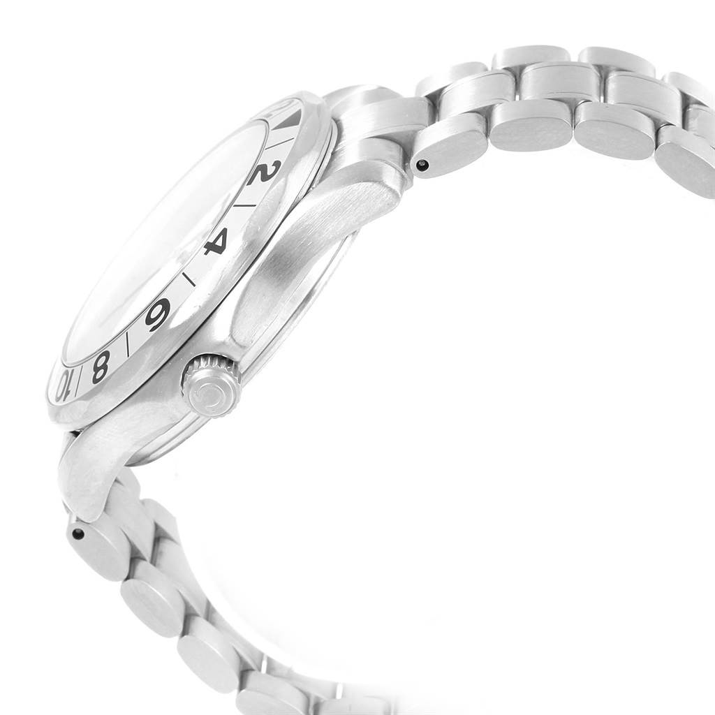 This side view of the Omega Seamaster 2538.20.00 Men
s Stainless Steel White Dial 2538.20.00 Men
s Stainless Steel White Dial watch shows its bezel, crown, and metal bracelet.