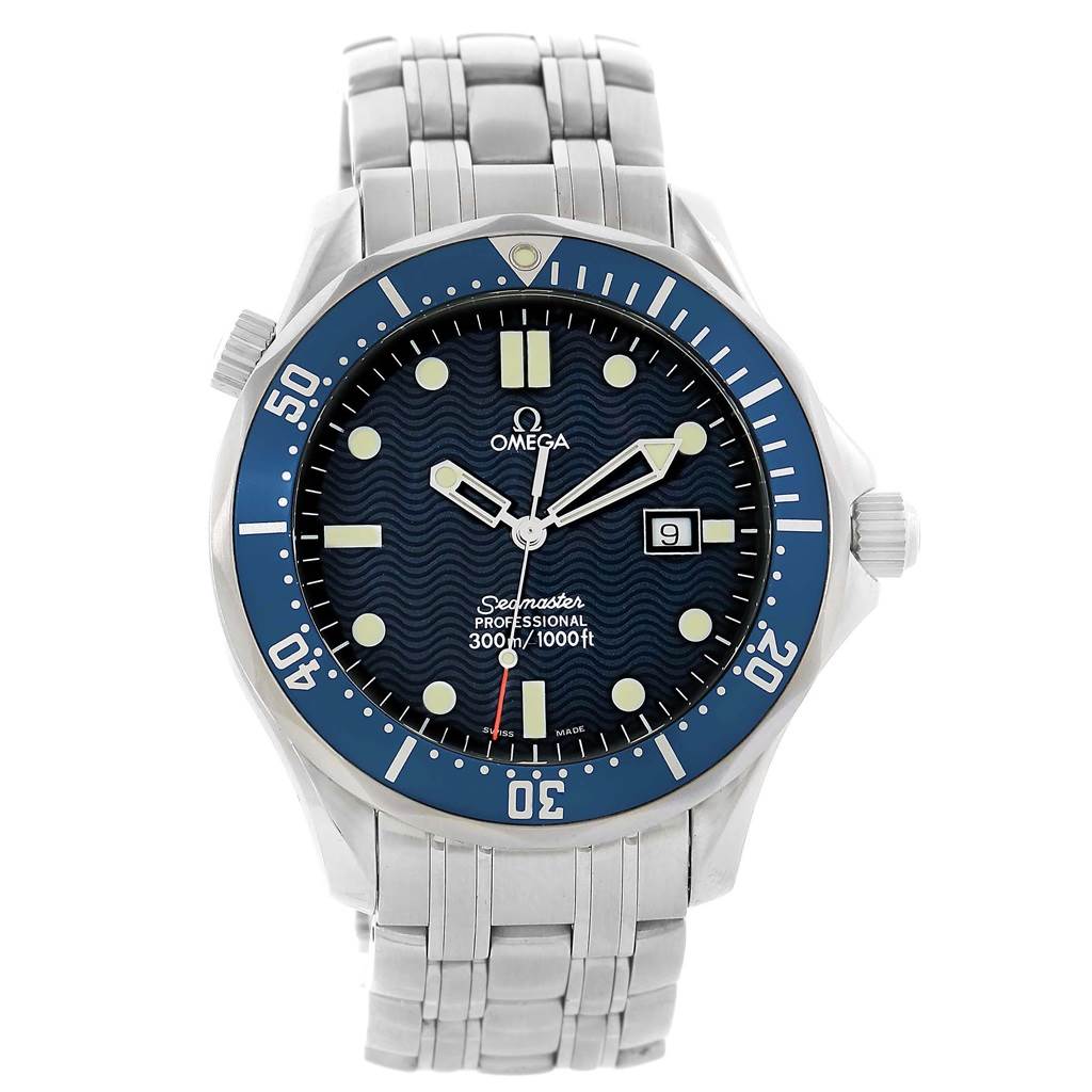 The image shows a front view of the Omega Seamaster 2541.80.00 Men
s Stainless Steel Blue Dial 2541.80.00 Men
s Stainless Steel Blue Dial watch, displaying its bezel, dial, hands, date window, and bracelet.