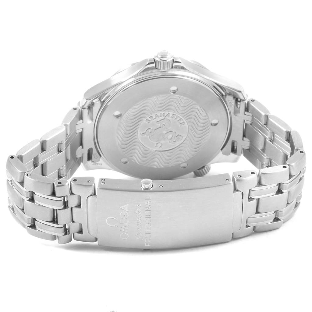 The image shows the back casing and clasp of an Omega Seamaster 2541.80.00 Men
s Stainless Steel Blue Dial 2541.80.00 Men
s Stainless Steel Blue Dial watch at a slight angle.